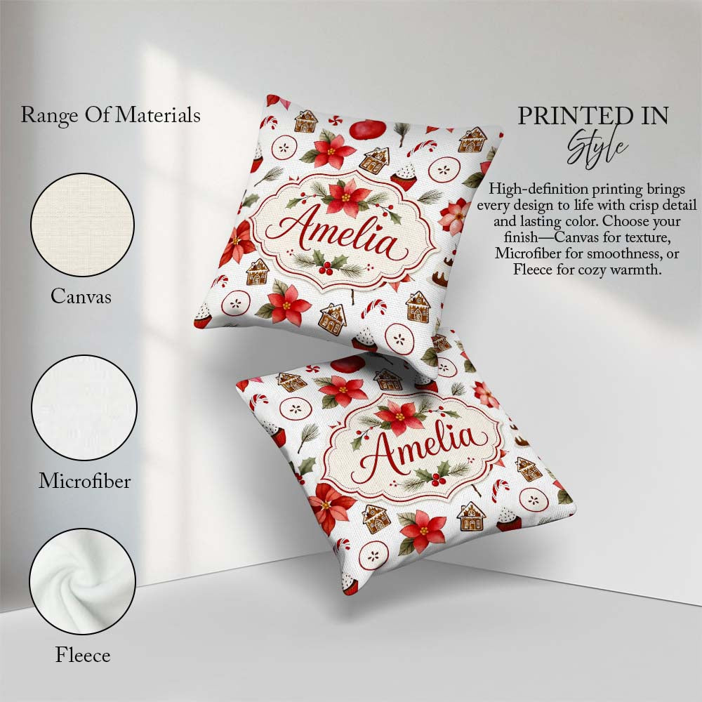 Custom Name Poinsettia Flower Pomegranate Holiday Treats Pattern Square Filled Cushion Throw Pillow Sofa Bed Home Decor Zip Washable UK Made
