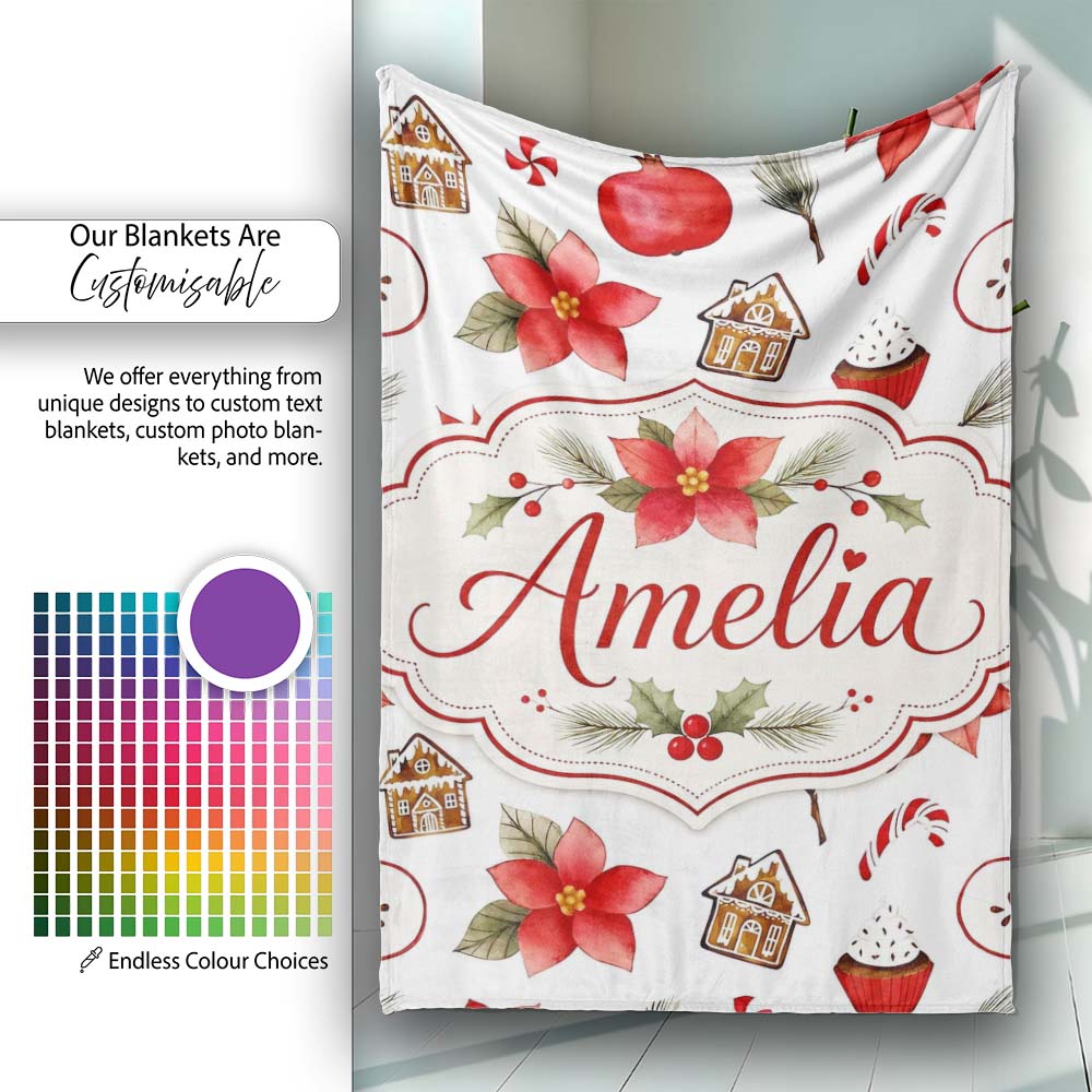 Poinsettia Flower Pomegranate Holiday Treats Seamless Pattern Lovely Personalised Custom Name Super Soft Fleece Blanket Bed Sofa Throw