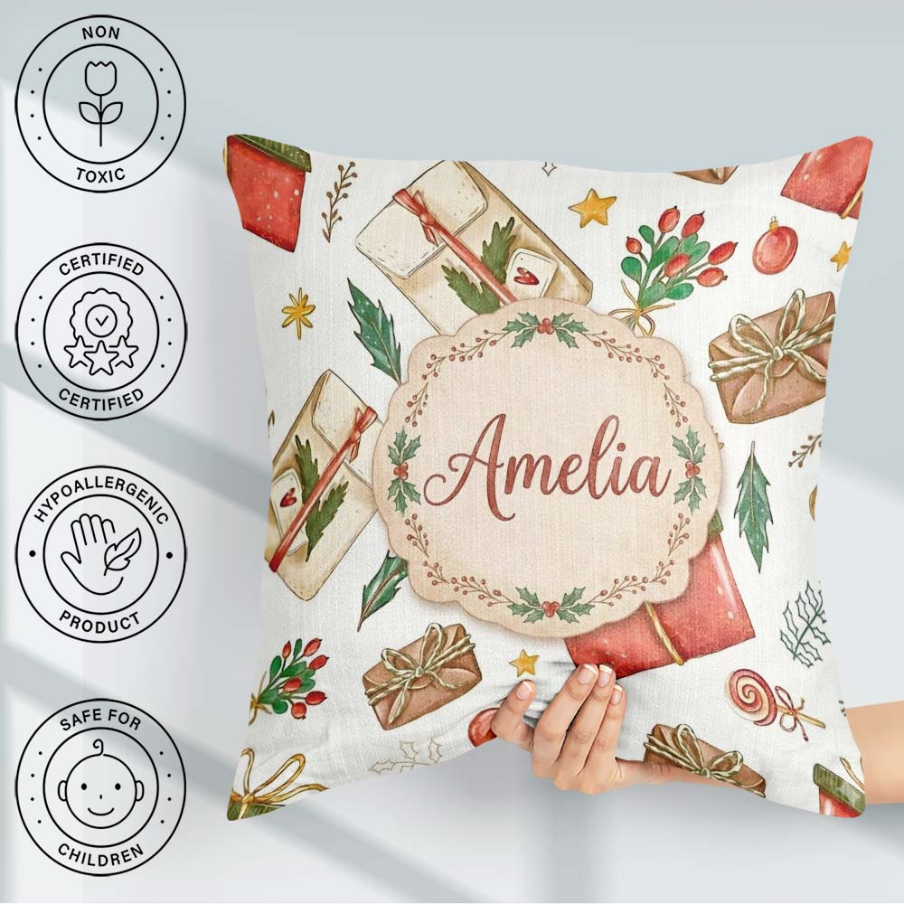 Custom Name Festive Boxes Candy Stars Christmas Holiday Seamless Square Filled Cushion Throw Pillow Sofa Bed Home Decor Zip Washable UK Made
