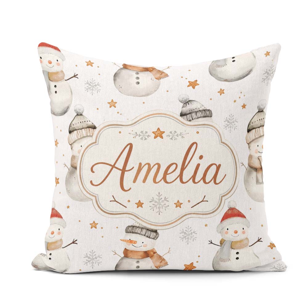 Custom Name Winter Snowman with Scarf Hat Stars Seamless Pattern Square Filled Cushion Throw Pillow Sofa Bed Home Decor Zip Washable UK Made