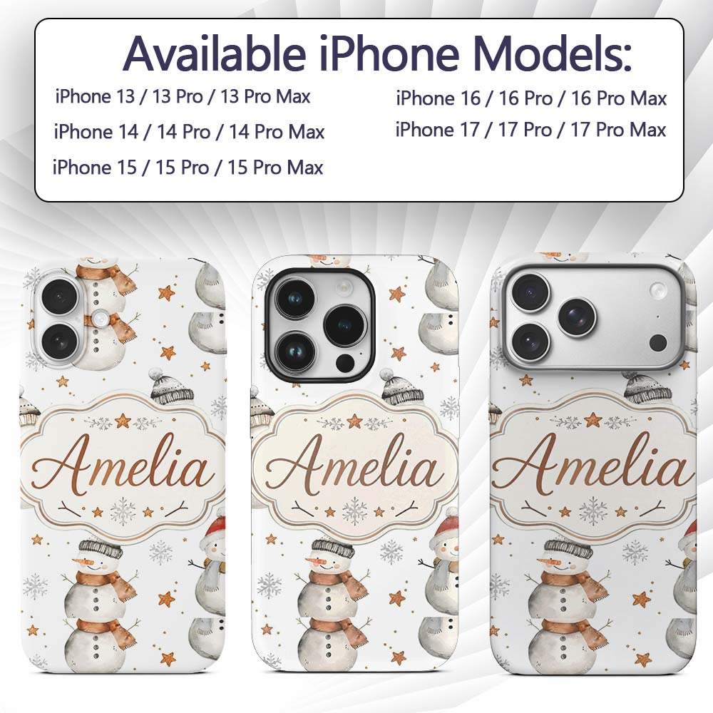 Cute Winter Snowman with Scarf Hat Stars Seamless Custom Name Protective Phone Case Mobile Cover Durable Everyday Smartphone Shock Resistant