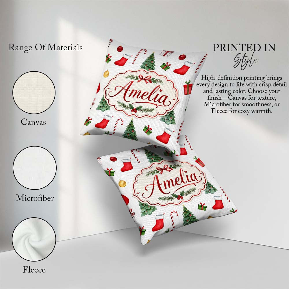 Custom Name Christmas Tree Gifts Cane Stockings Seamless Pattern Square Filled Cushion Throw Pillow Sofa Bed Home Decor Zip Washable UK Made