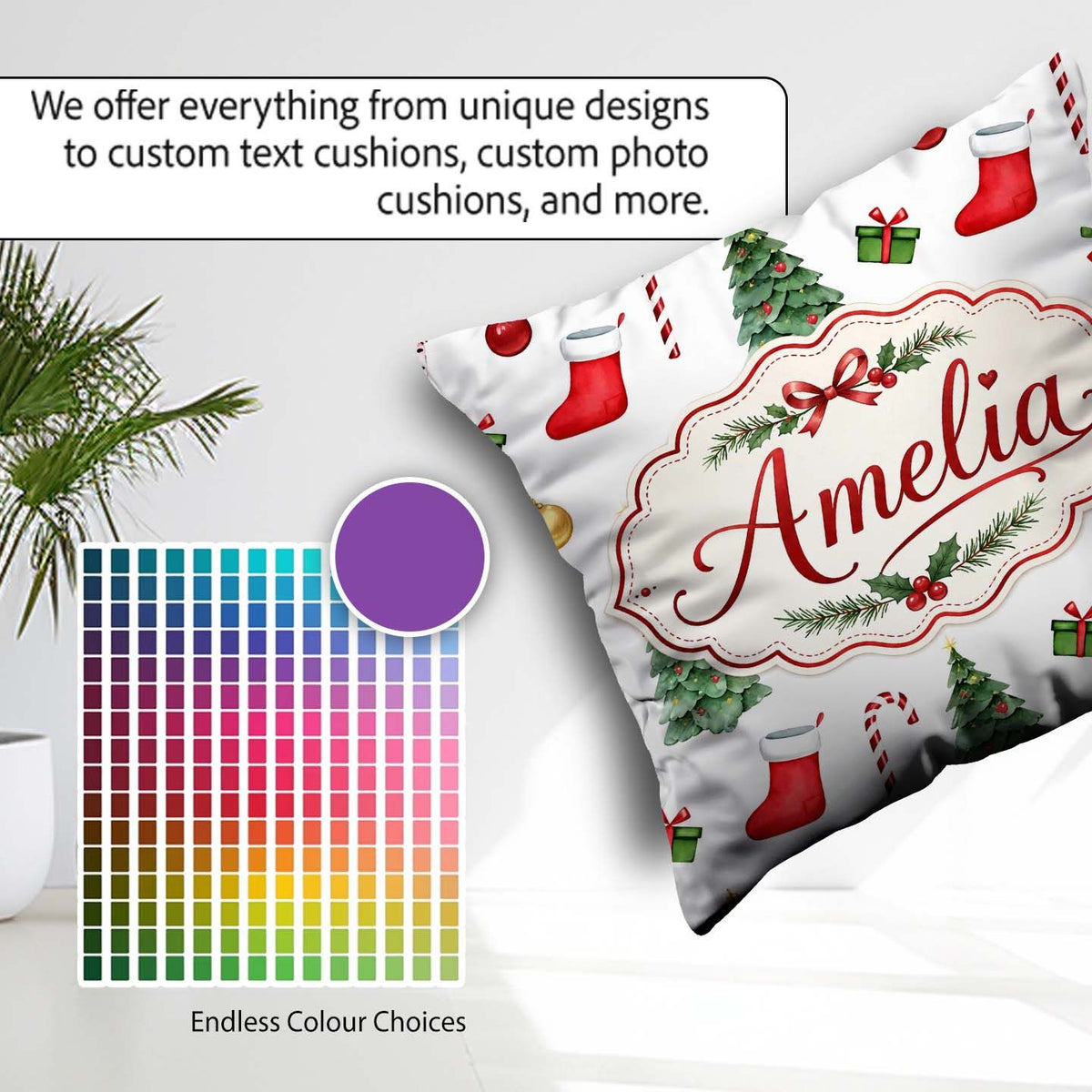 Custom Name Christmas Tree Gifts Cane Stockings Seamless Pattern Square Filled Cushion Throw Pillow Sofa Bed Home Decor Zip Washable UK Made