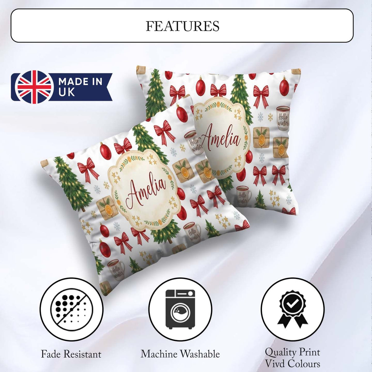 Custom Name Festive Winter Baubles Ribbon Cocoa Seamless Pattern Square Filled Cushion Throw Pillow Sofa Bed Home Decor Zip Washable UK Made