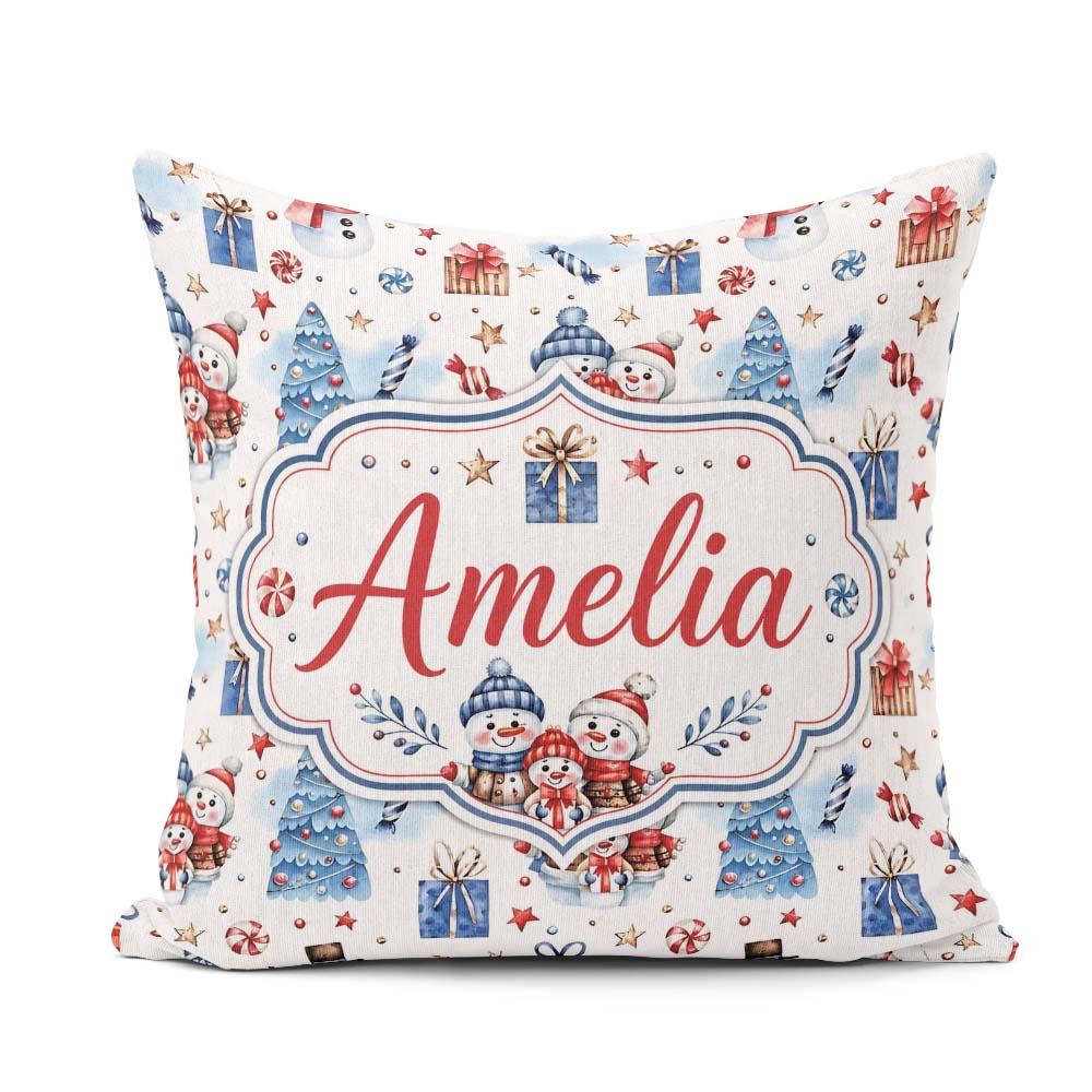 Custom Name Cute Snowman Family Gifts Christmas Seamless Pattern Square Filled Cushion Throw Pillow Sofa Bed Home Decor Zip Washable UK Made