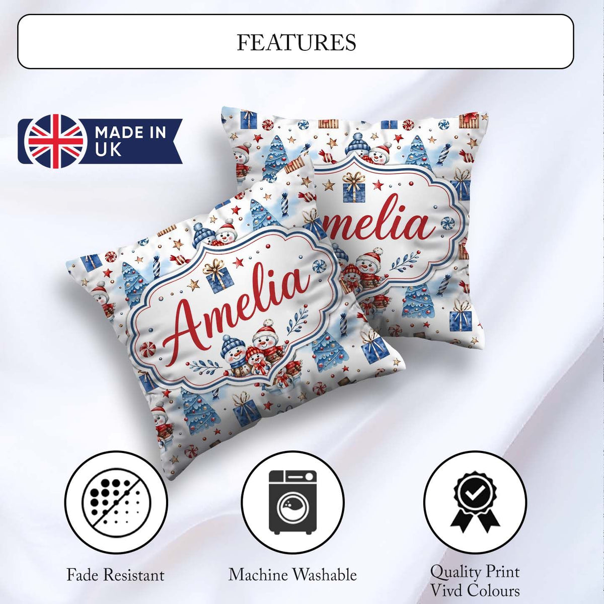 Custom Name Cute Snowman Family Gifts Christmas Seamless Pattern Square Filled Cushion Throw Pillow Sofa Bed Home Decor Zip Washable UK Made