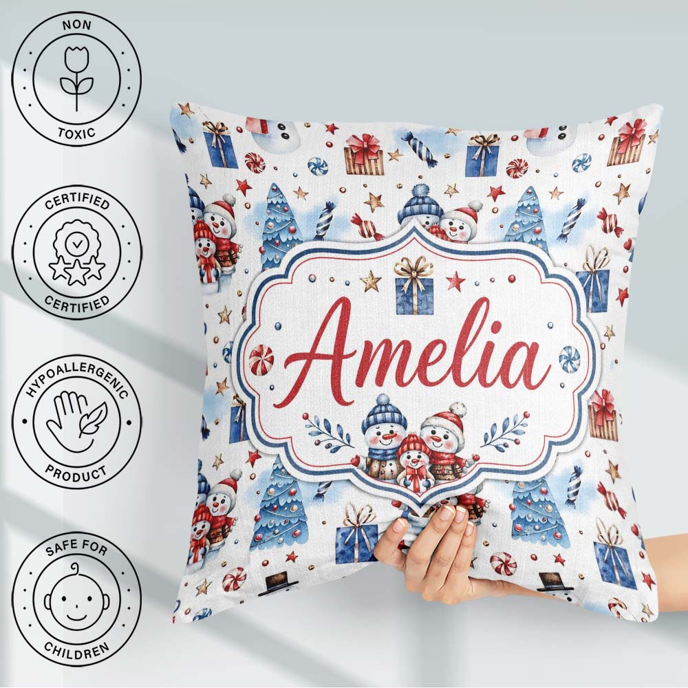 Custom Name Cute Snowman Family Gifts Christmas Seamless Pattern Square Filled Cushion Throw Pillow Sofa Bed Home Decor Zip Washable UK Made