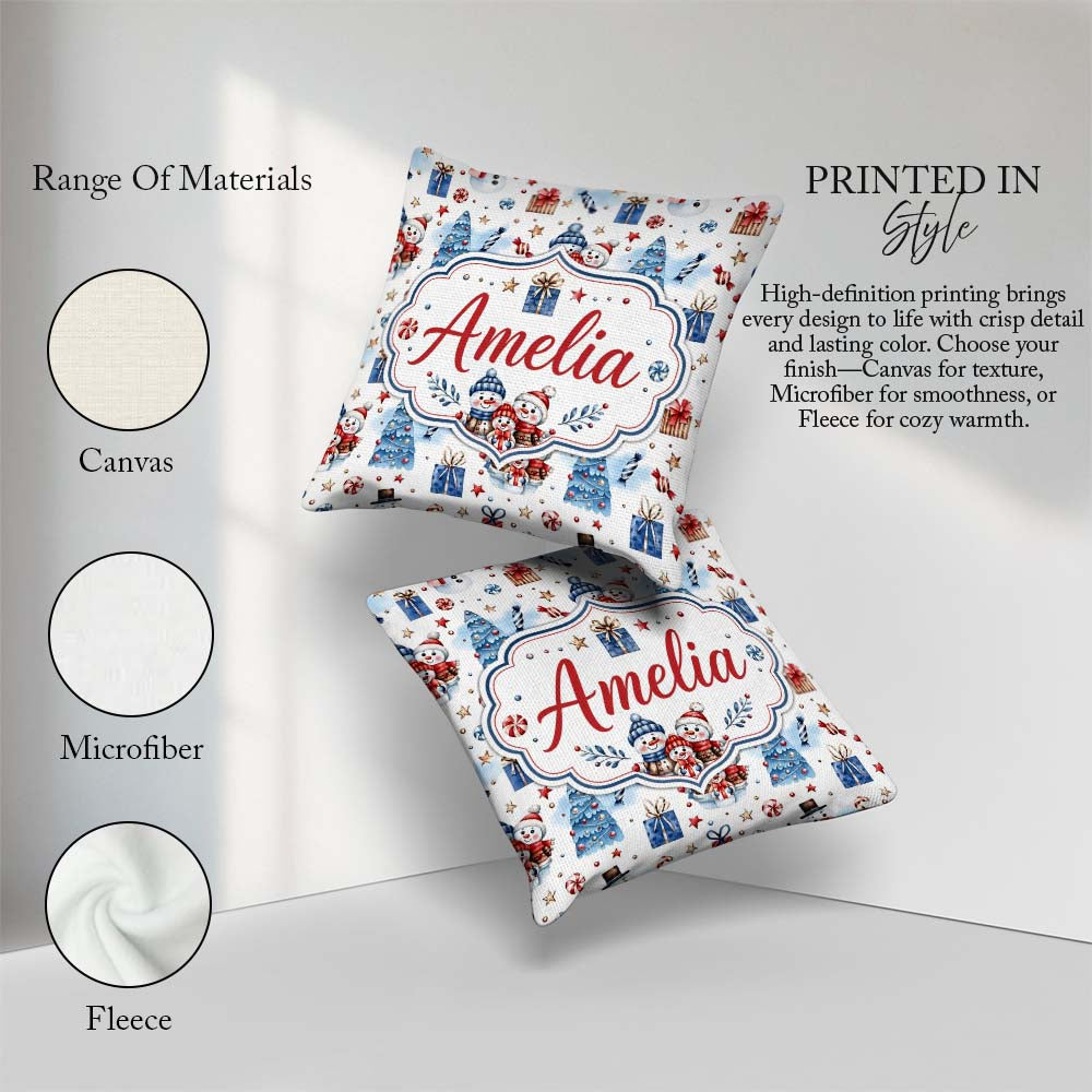 Custom Name Cute Snowman Family Gifts Christmas Seamless Pattern Square Filled Cushion Throw Pillow Sofa Bed Home Decor Zip Washable UK Made