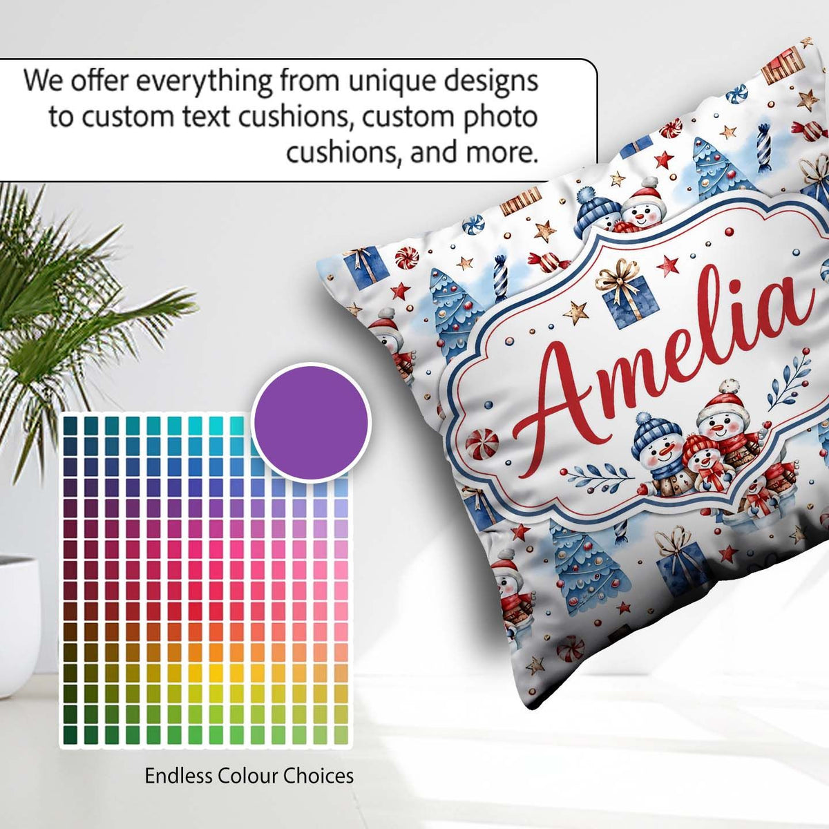 Custom Name Cute Snowman Family Gifts Christmas Seamless Pattern Square Filled Cushion Throw Pillow Sofa Bed Home Decor Zip Washable UK Made