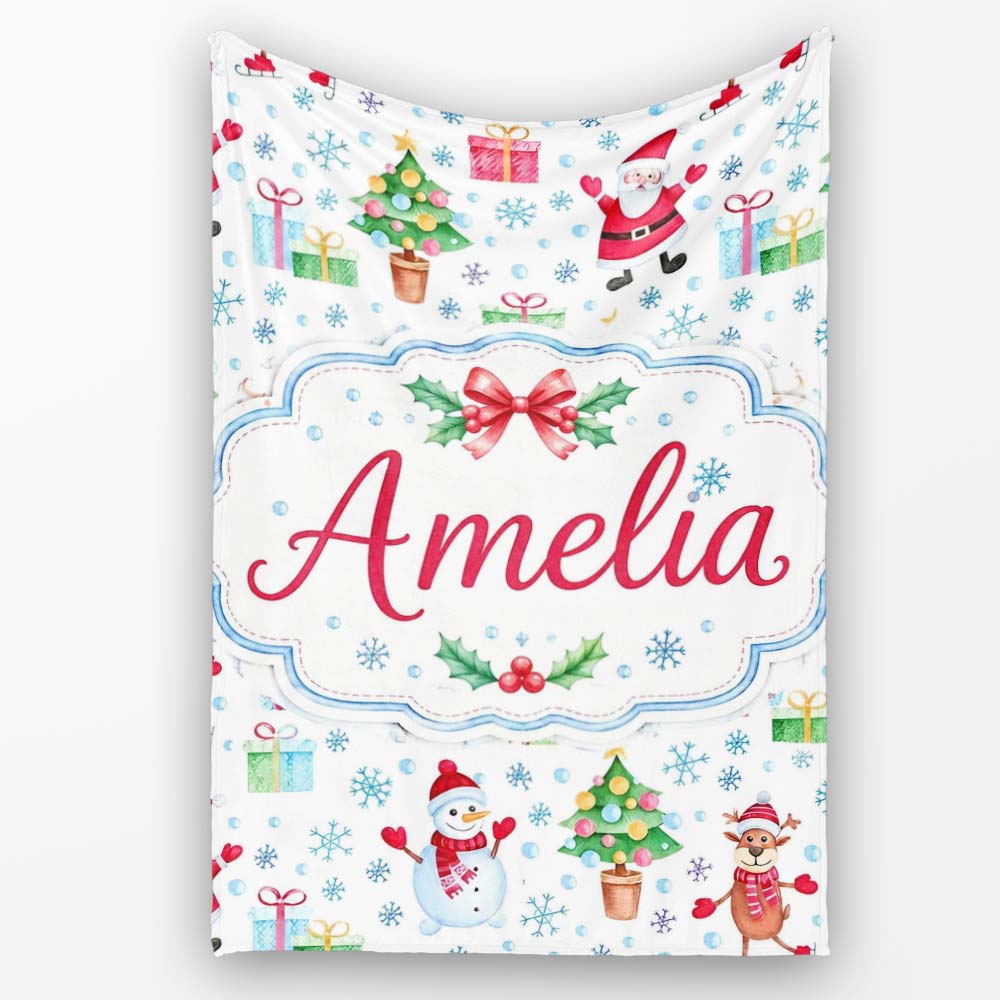 Santa Reindeer Snowman Christmas Tree Gifts Seamless Pattern Lovely Personalised Custom Name Super Soft Fleece Blanket Bed Sofa Throw