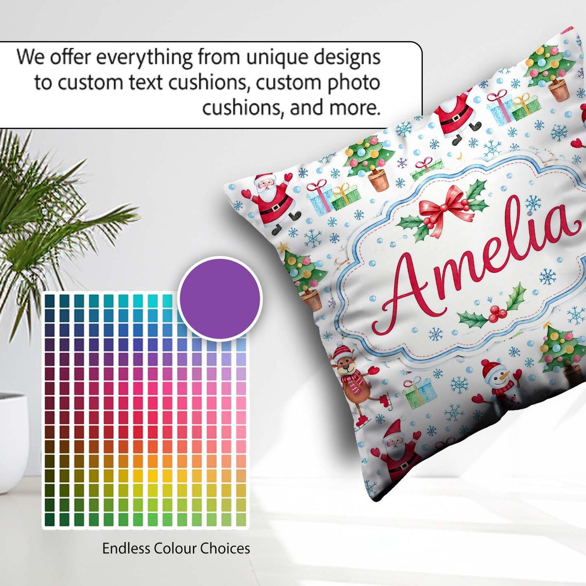 Custom Name Santa Reindeer Snowman Christmas Tree Gifts Seamless Square Filled Cushion Throw Pillow Sofa Bed Home Decor Zip Washable UK Made