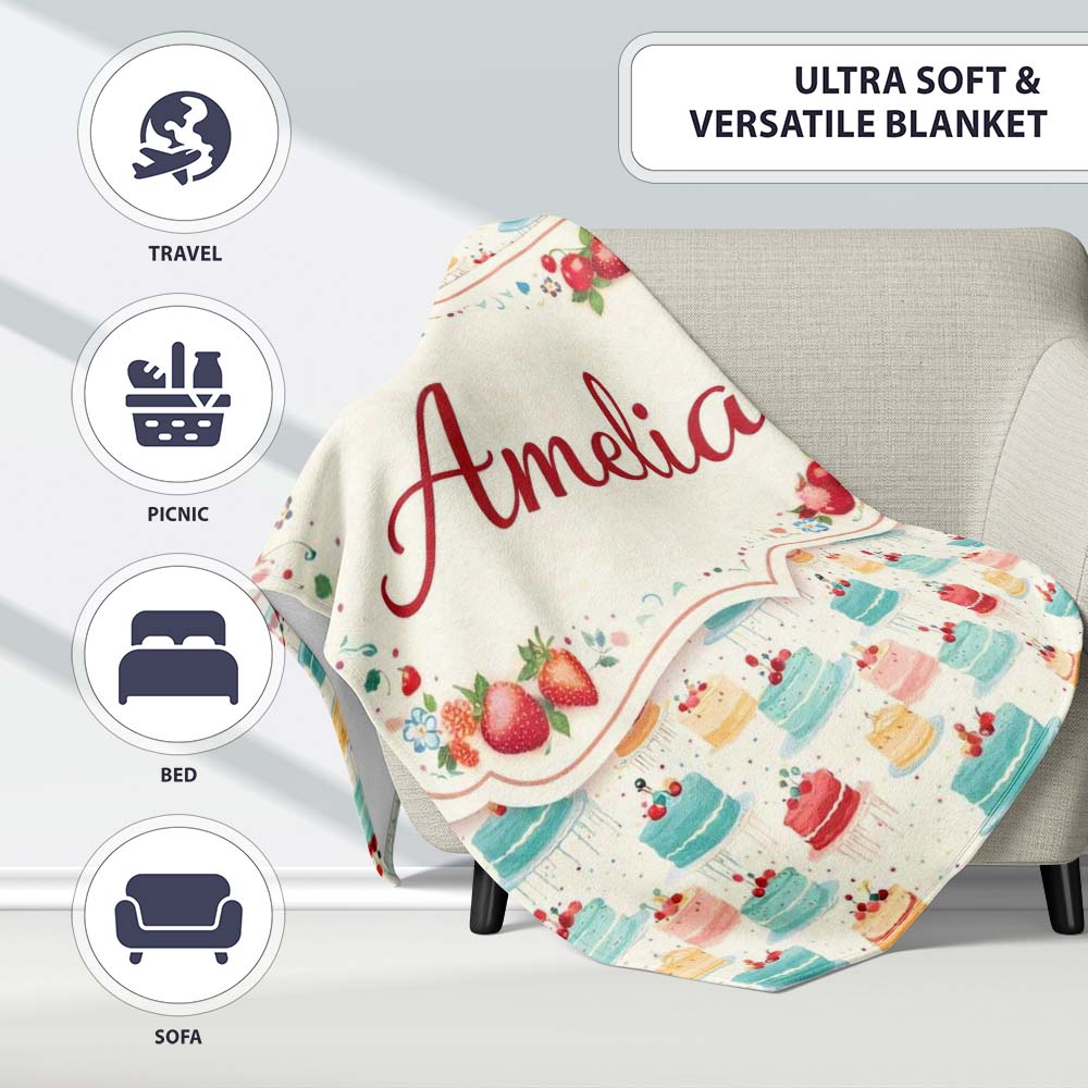 Vintage Mini Cake Seamless Pattern Dessert Food Illustration Design Personalised Custom Name Super Soft Fleece Blanket Bed Sofa Throw