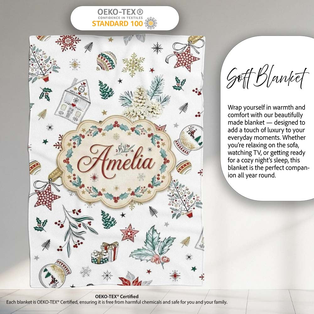 Vintage Christmas Ornaments Snowflakes Birds Seamless Pattern Lovely Personalised Custom Name Super Soft Fleece Blanket Bed Sofa Throw