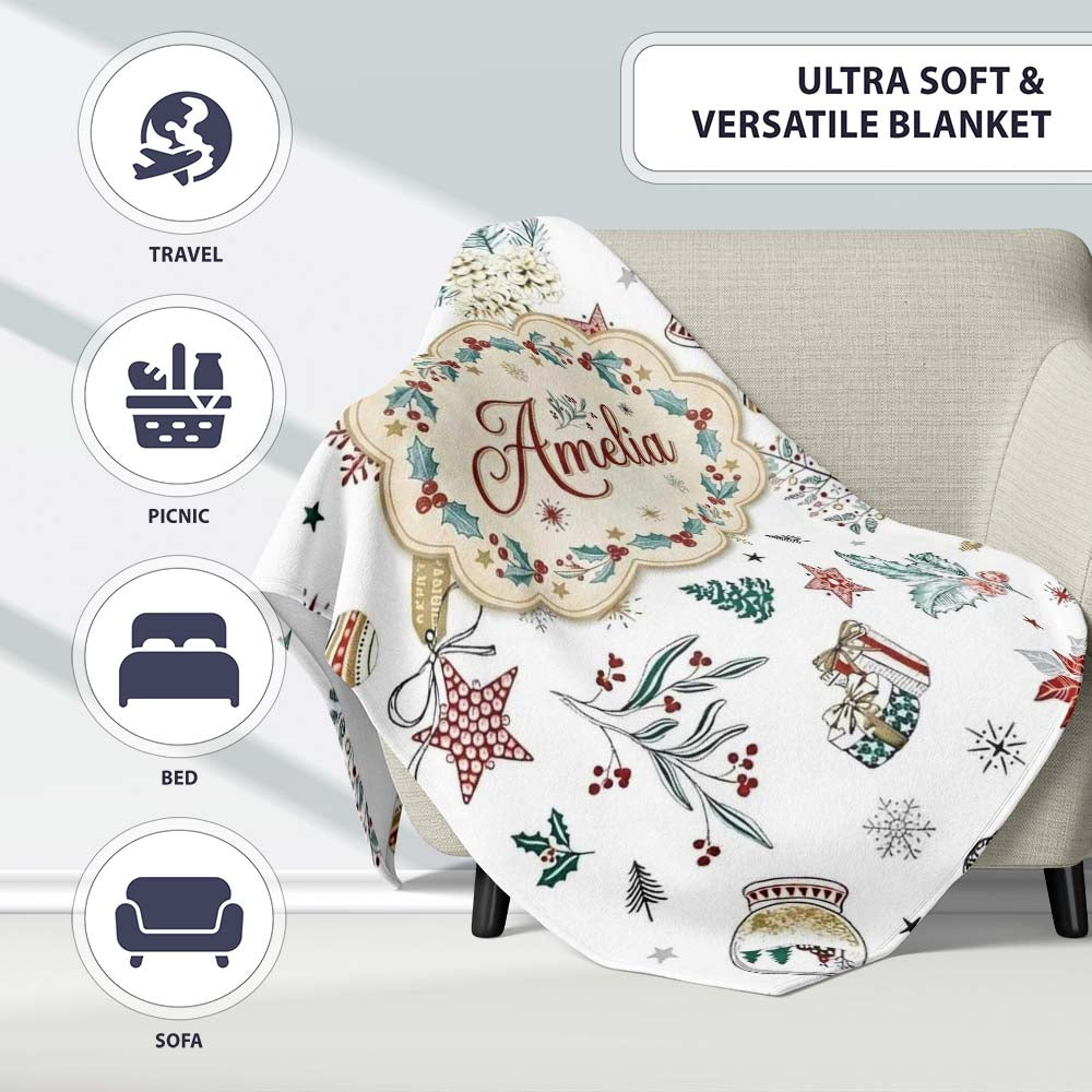 Vintage Christmas Ornaments Snowflakes Birds Seamless Pattern Lovely Personalised Custom Name Super Soft Fleece Blanket Bed Sofa Throw