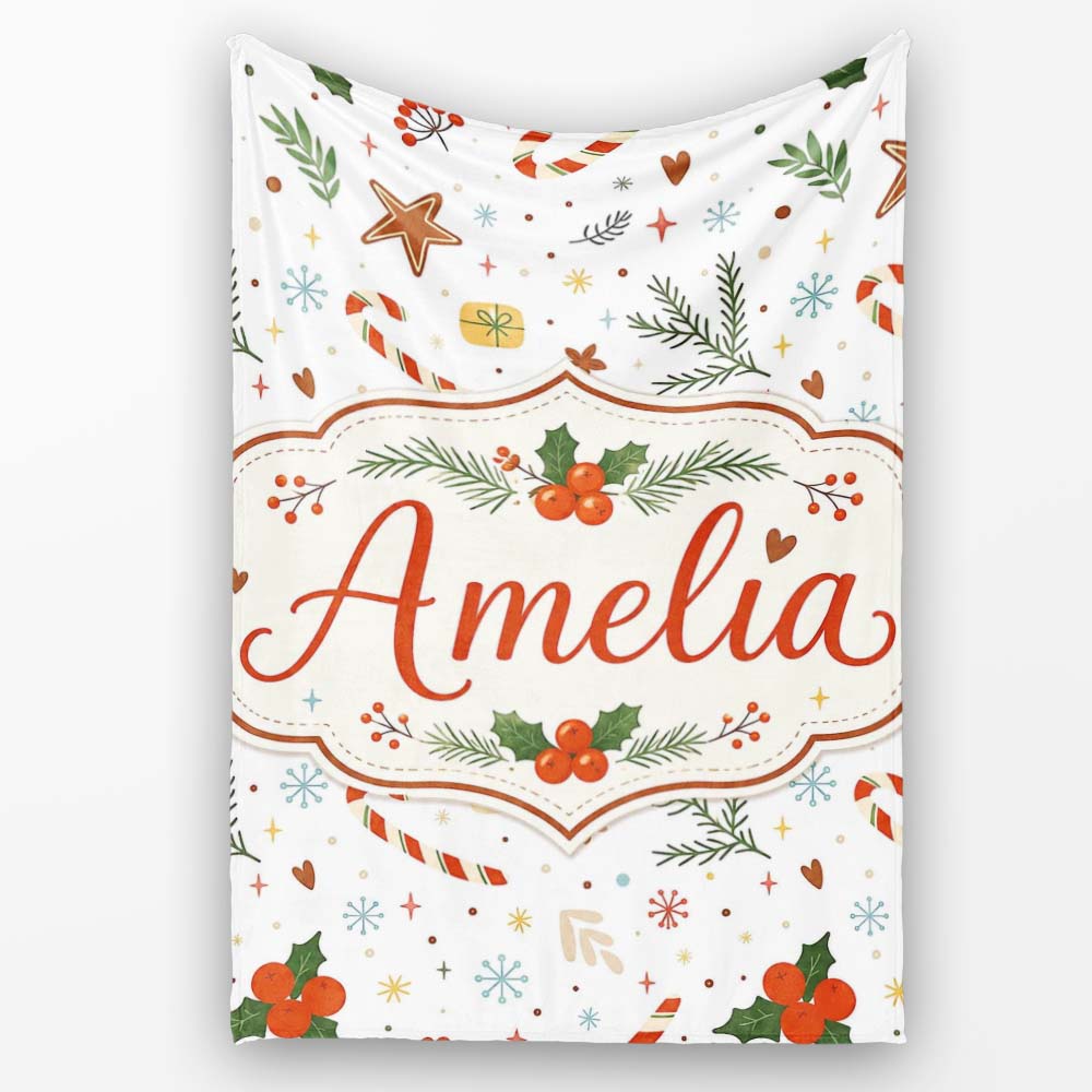 Minimal Christmas Candy Cane Holly Leaves Seamless Pattern Lovely Personalised Custom Name Super Soft Fleece Blanket Bed Sofa Throw