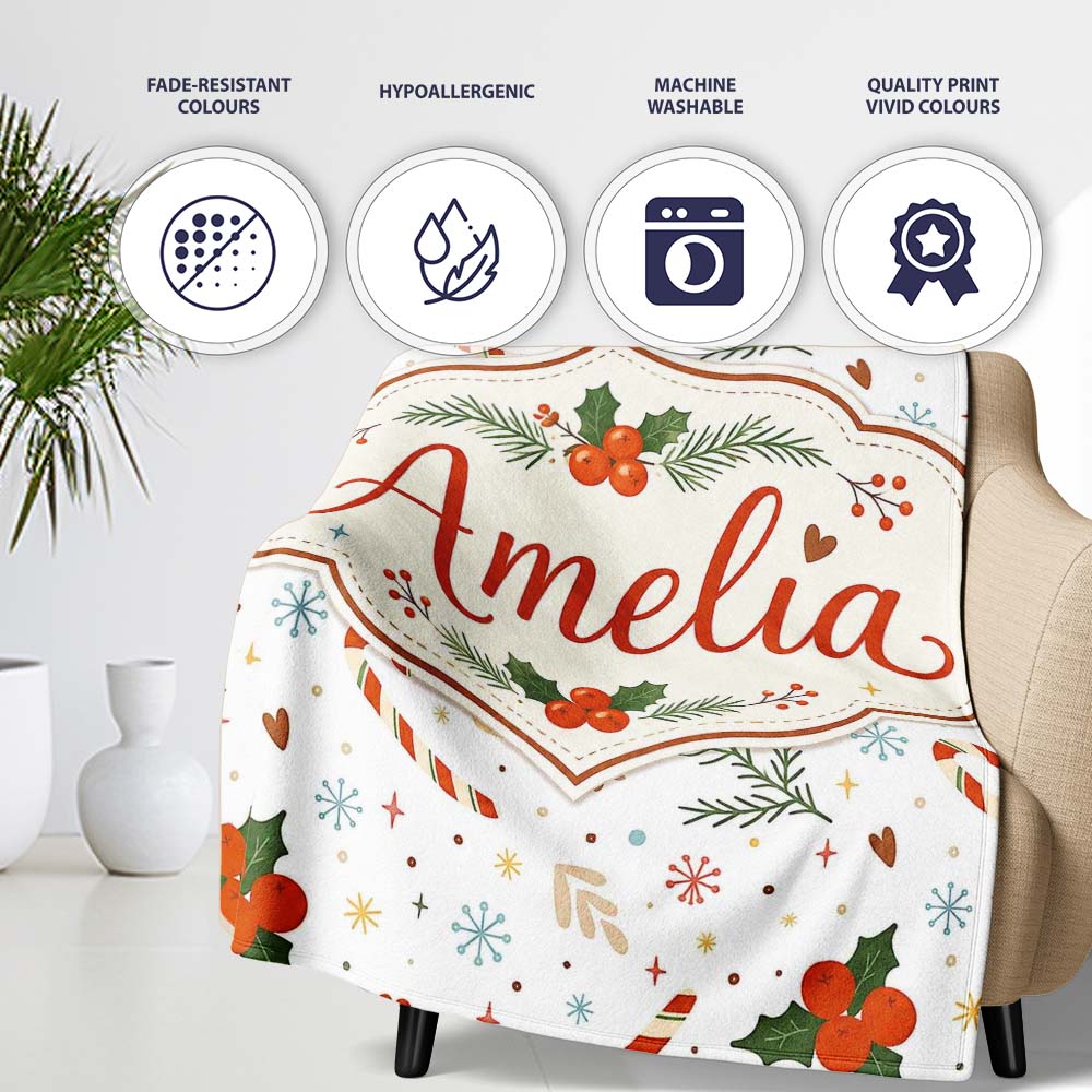 Minimal Christmas Candy Cane Holly Leaves Seamless Pattern Lovely Personalised Custom Name Super Soft Fleece Blanket Bed Sofa Throw