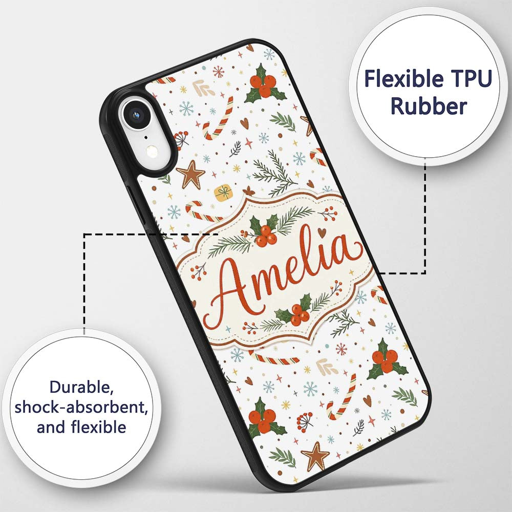 Minimal Christmas Candy Cane Holly Printed Design Custom Name Protective Phone Case Mobile Cover Durable Everyday Smartphone Shock Resistant