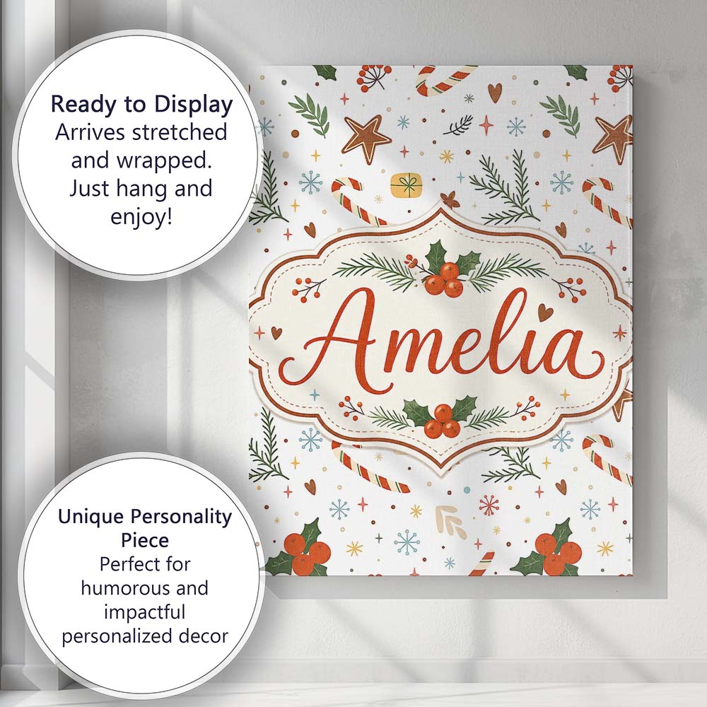 Personalised Name Minimal Christmas Candy Custom Unique Gift Idea Elegant Feature Canvas Wall Art Print Decor Picture Ready to Hang