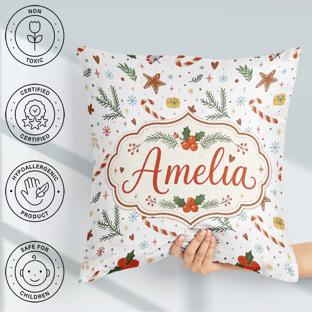 Custom Name Minimal Christmas Candy Cane Leaves Seamless Pattern Square Filled Cushion Throw Pillow Sofa Bed Home Decor Zip Washable UK Made