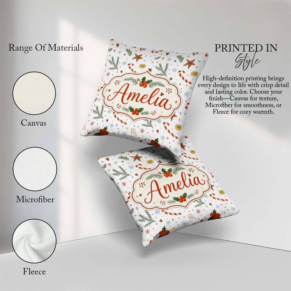 Custom Name Minimal Christmas Candy Cane Leaves Seamless Pattern Square Filled Cushion Throw Pillow Sofa Bed Home Decor Zip Washable UK Made