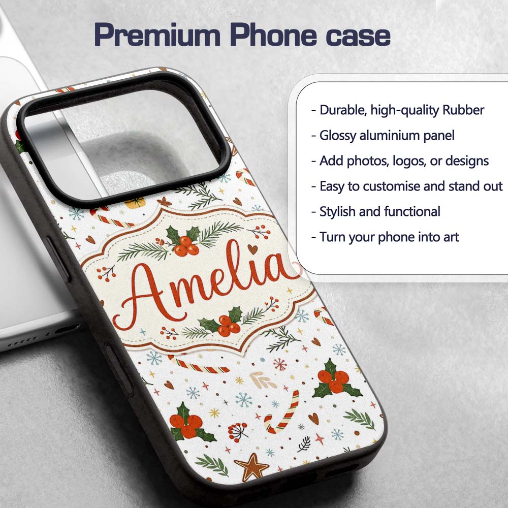 Minimal Christmas Candy Cane Holly Printed Design Custom Name Protective Phone Case Mobile Cover Durable Everyday Smartphone Shock Resistant