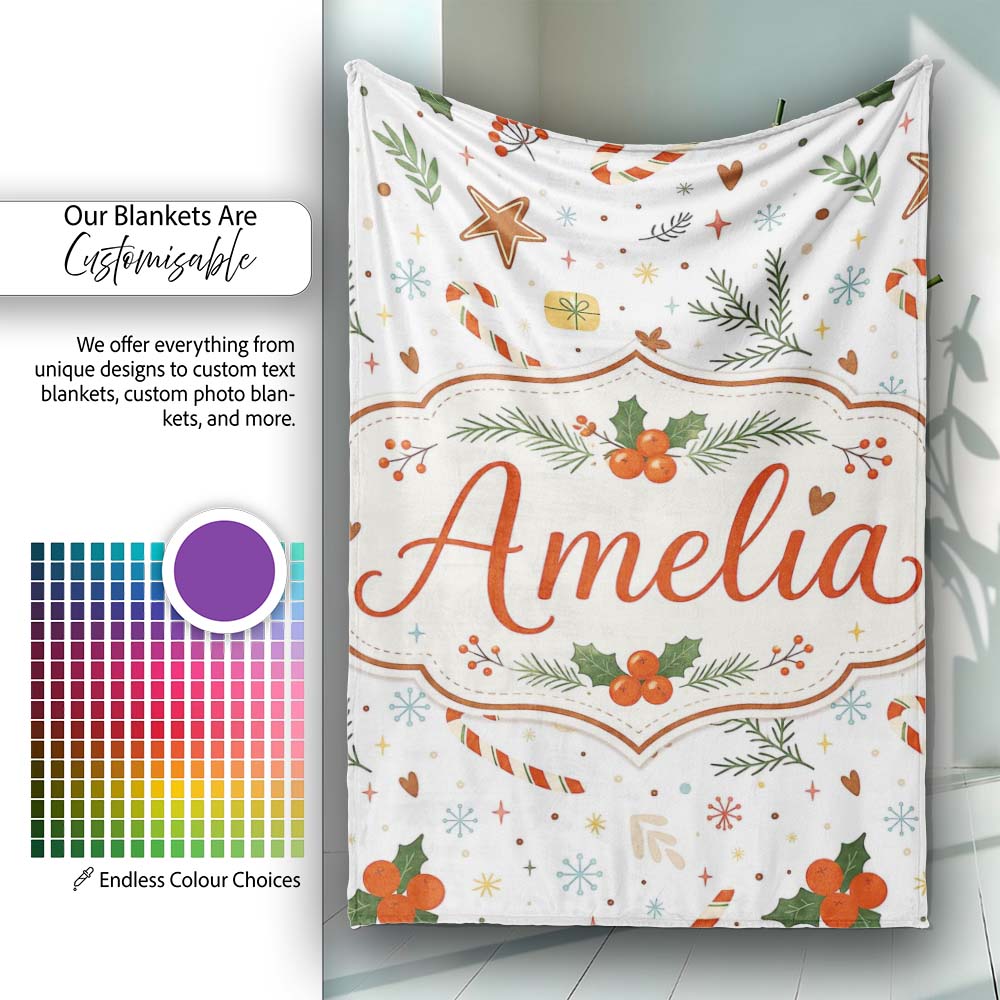 Minimal Christmas Candy Cane Holly Leaves Seamless Pattern Lovely Personalised Custom Name Super Soft Fleece Blanket Bed Sofa Throw