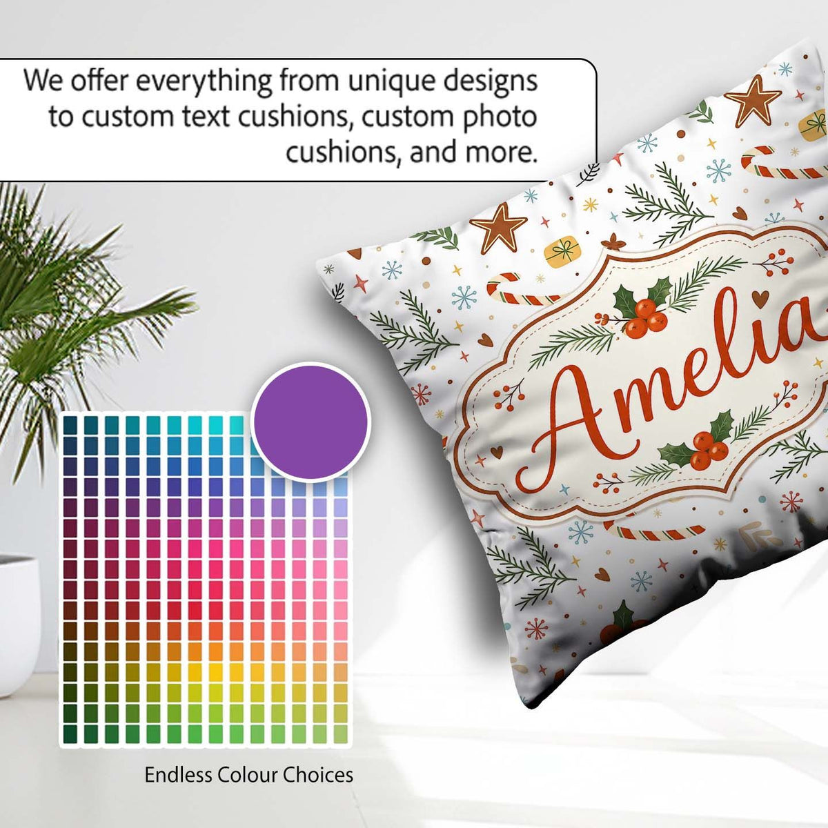 Custom Name Minimal Christmas Candy Cane Leaves Seamless Pattern Square Filled Cushion Throw Pillow Sofa Bed Home Decor Zip Washable UK Made
