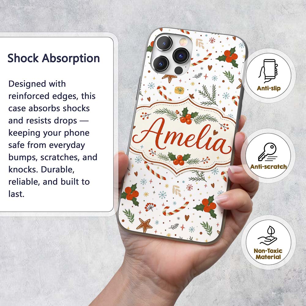 Minimal Christmas Candy Cane Holly Printed Design Custom Name Protective Phone Case Mobile Cover Durable Everyday Smartphone Shock Resistant