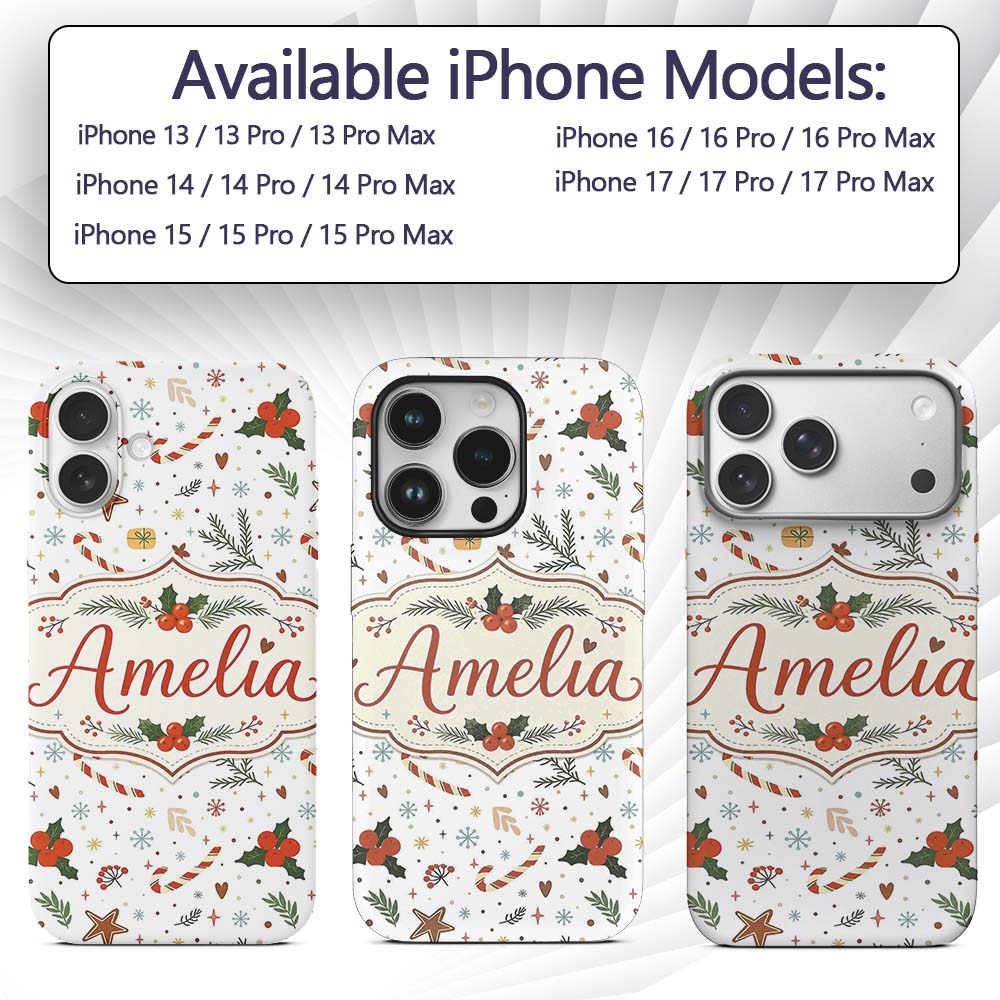 Minimal Christmas Candy Cane Holly Printed Design Custom Name Protective Phone Case Mobile Cover Durable Everyday Smartphone Shock Resistant