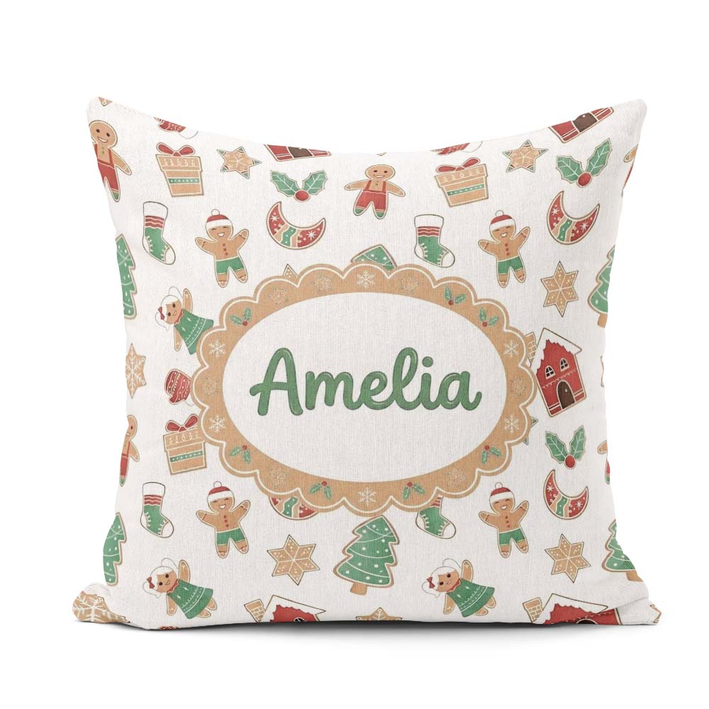 Custom Name Cute Gingerbread Cookies Stars Tree Seamless Pattern Square Filled Cushion Throw Pillow Sofa Bed Home Decor Zip Washable UK Made