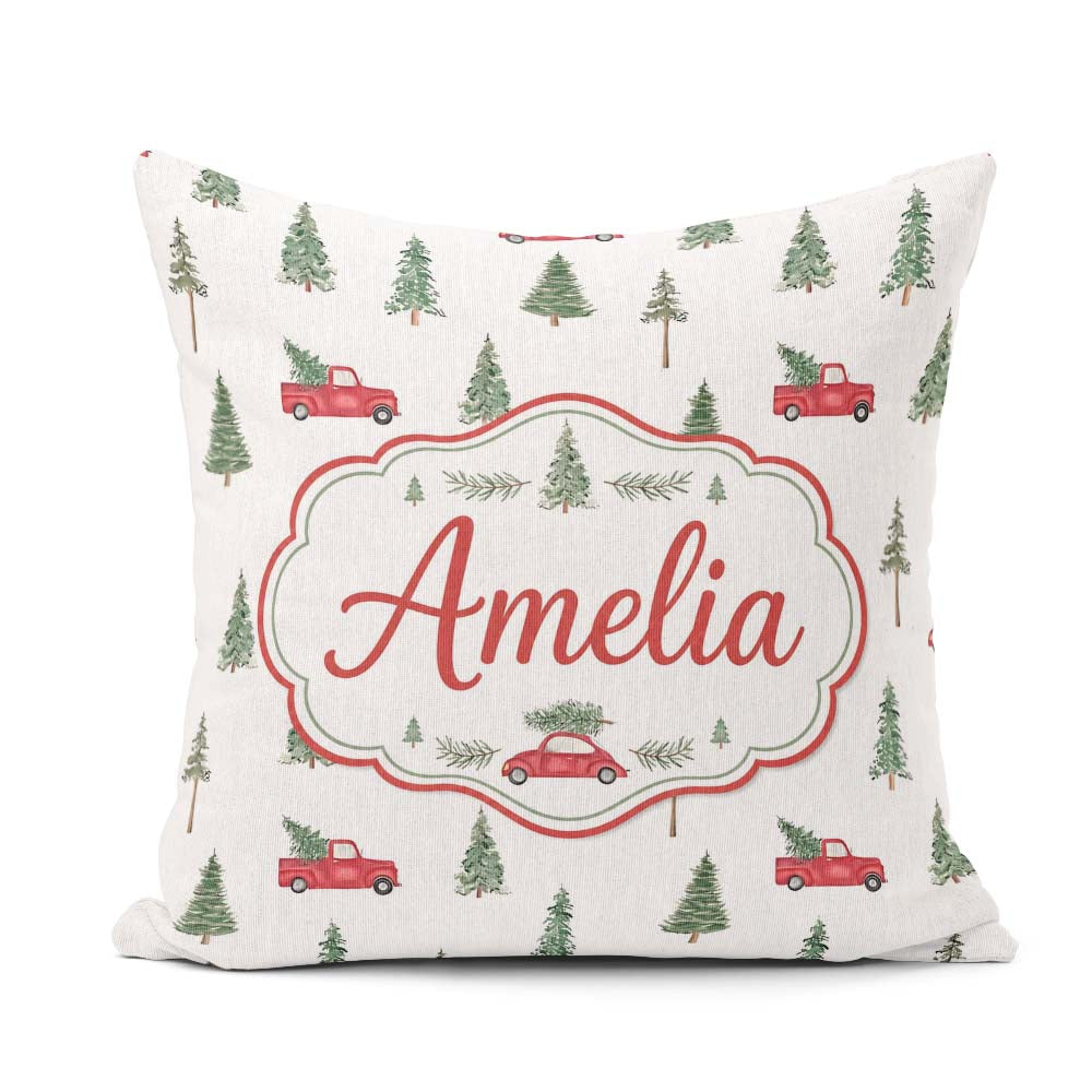 Custom Name Watercolor Christmas Trees Red Truck Winter Seamless Square Filled Cushion Throw Pillow Sofa Bed Home Decor Zip Washable UK Made