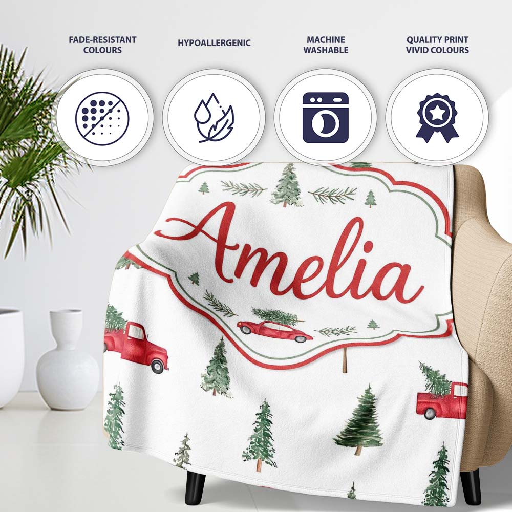 Watercolor Christmas Trees Red Truck Winter Forest Seamless Pattern Personalised Custom Name Super Soft Fleece Blanket Bed Sofa Throw