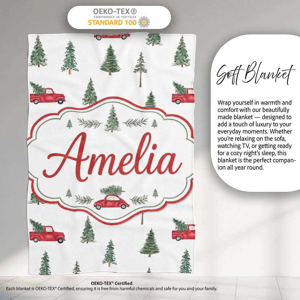 Watercolor Christmas Trees Red Truck Winter Forest Seamless Pattern Personalised Custom Name Super Soft Fleece Blanket Bed Sofa Throw