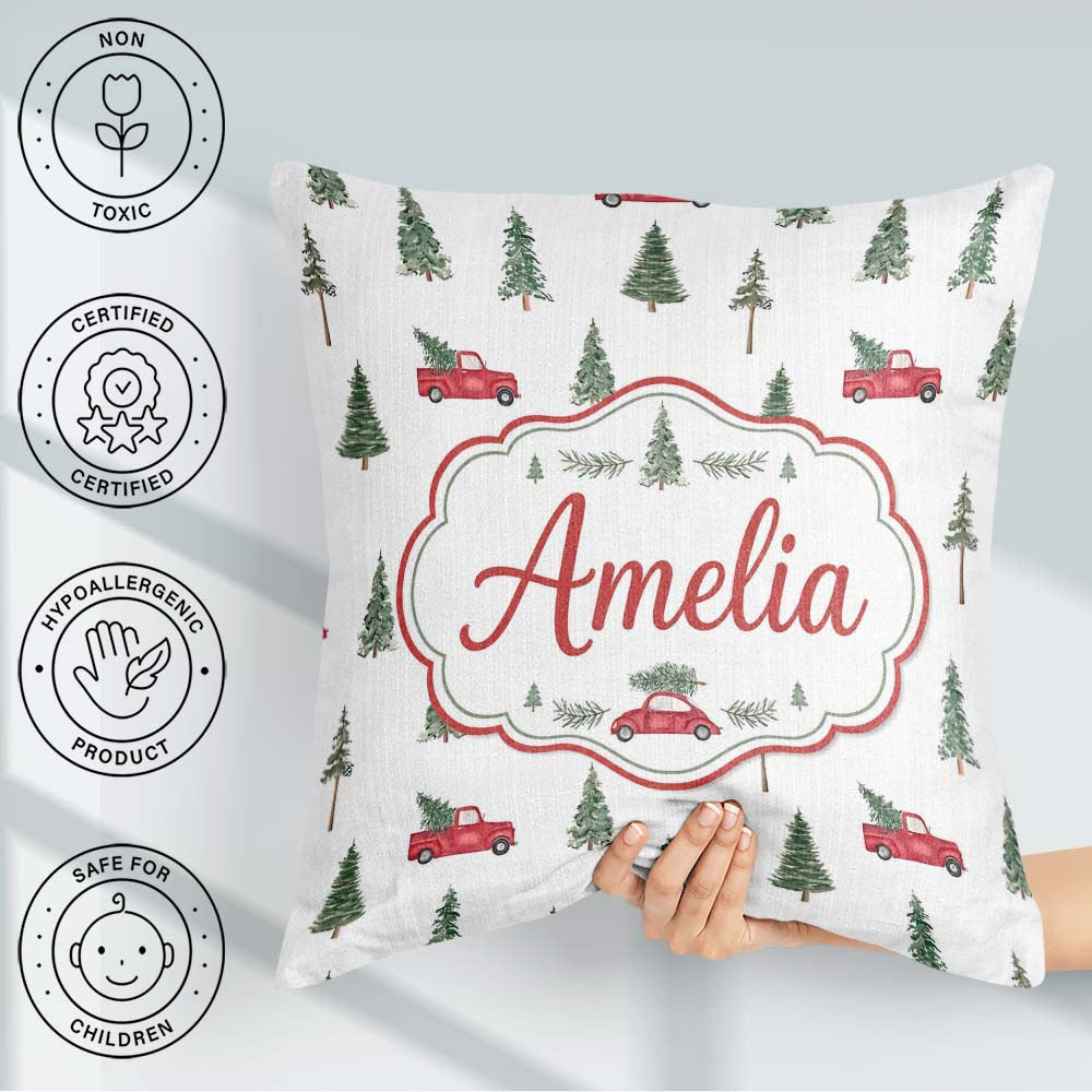 Custom Name Watercolor Christmas Trees Red Truck Winter Seamless Square Filled Cushion Throw Pillow Sofa Bed Home Decor Zip Washable UK Made
