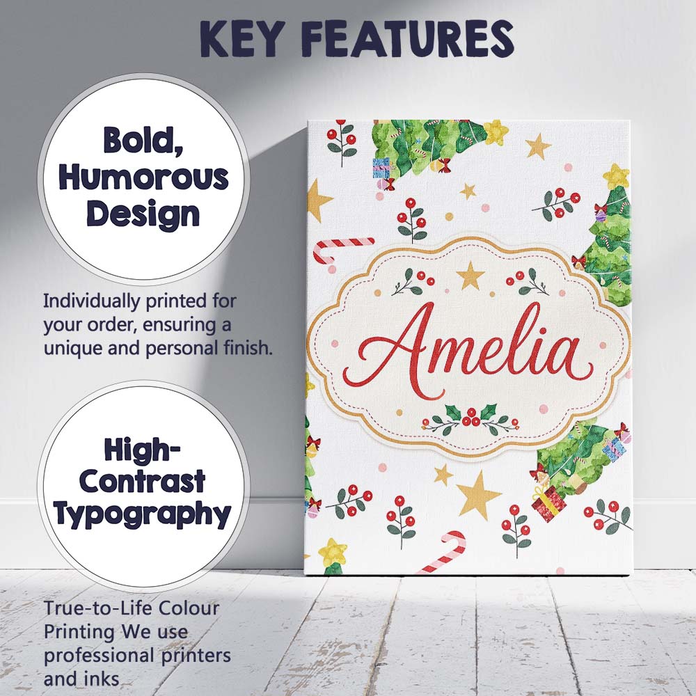 Personalised Name Cute Christmas Tree Candy Custom Bespoke Interior Contemporary Canvas Wall Art Print Decor Picture Ready to Hang