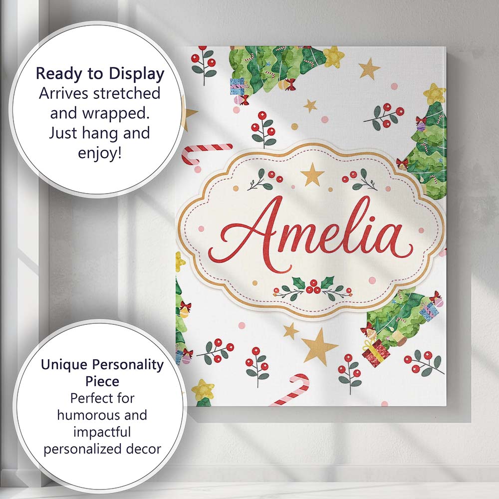Personalised Name Cute Christmas Tree Candy Custom Bespoke Interior Contemporary Canvas Wall Art Print Decor Picture Ready to Hang