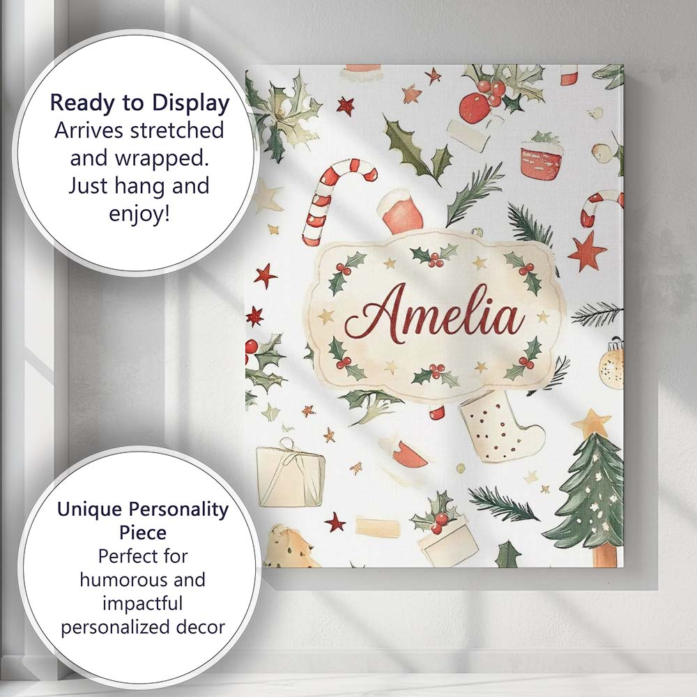 Personalised Name Festive Holly Leaves Custom Modern Room Accent Elegant Feature Canvas Wall Art Print Decor Picture Ready to Hang