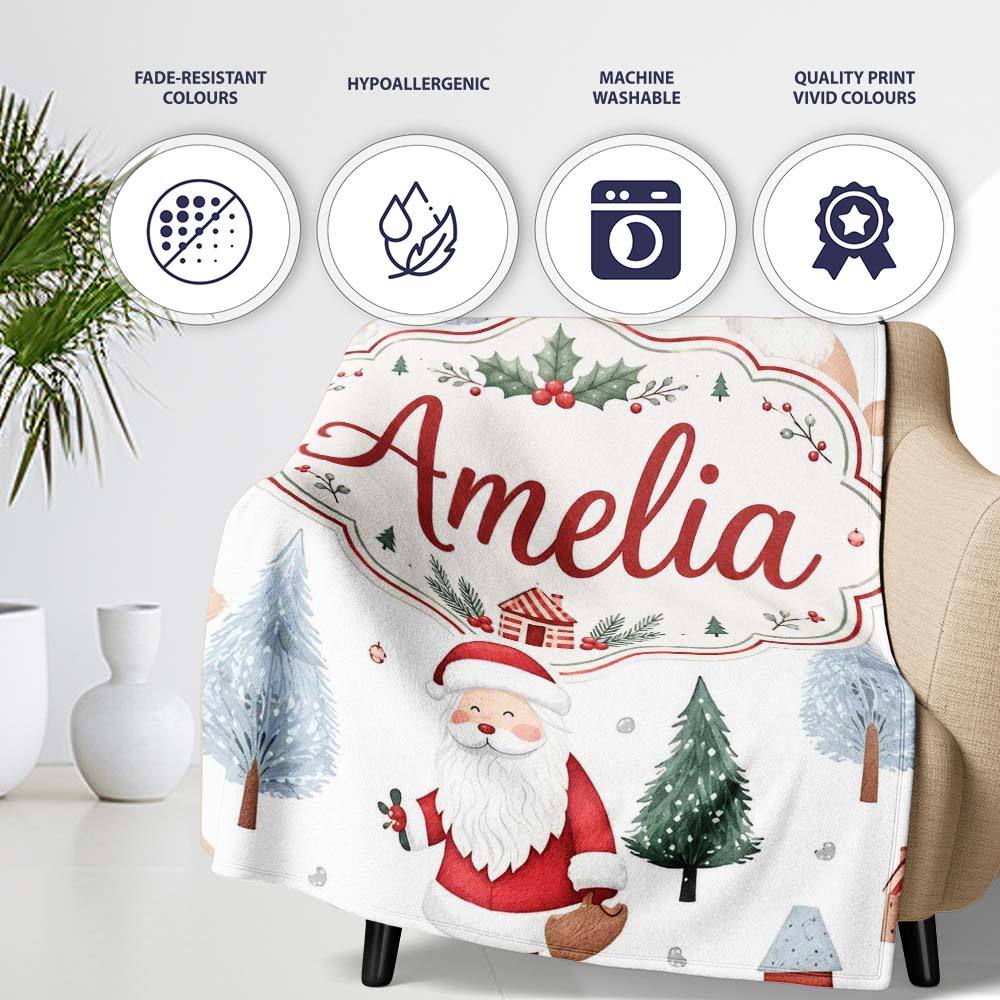 Cute Santa Bunny Winter Forest Trees Seamless Pattern Lovely Personalised Custom Name Super Soft Fleece Blanket Bed Sofa Throw