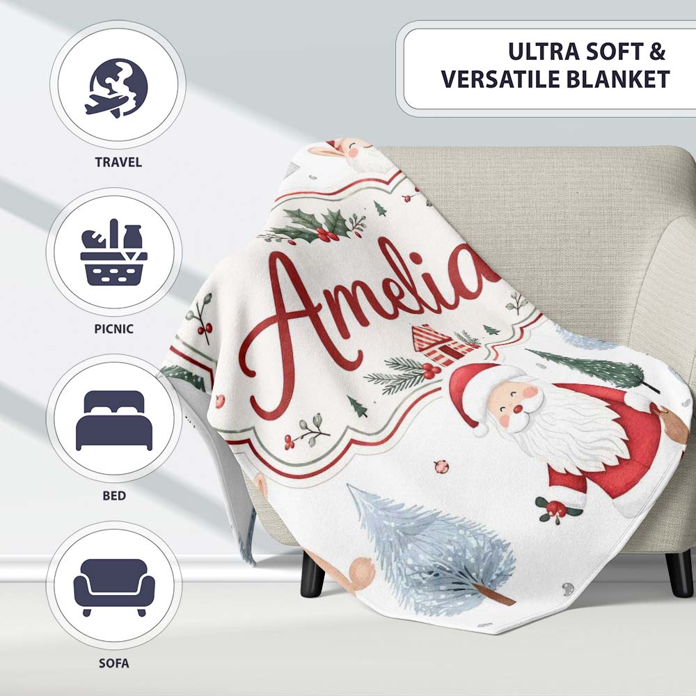 Cute Santa Bunny Winter Forest Trees Seamless Pattern Lovely Personalised Custom Name Super Soft Fleece Blanket Bed Sofa Throw