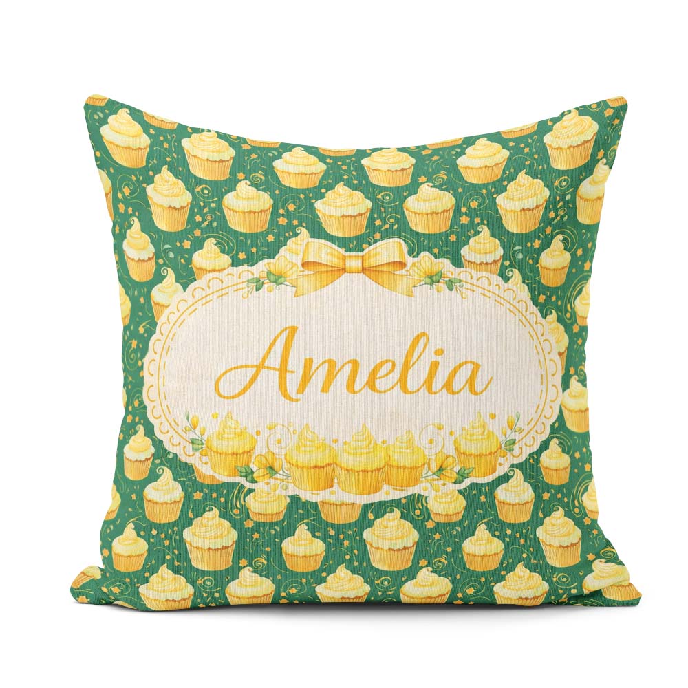 Custom Name Cupcake Dessert Pattern Dark Green Food Illustration Square Filled Cushion Throw Pillow Sofa Bed Home Decor Zip Washable UK Made