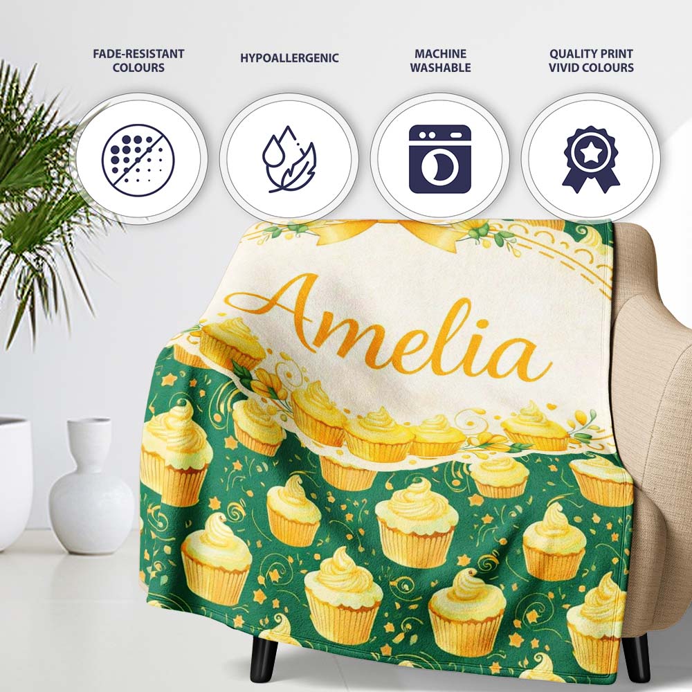 Cupcake Dessert Seamless Pattern Dark Green Sweet Food Illustration Personalised Custom Name Super Soft Fleece Blanket Bed Sofa Throw