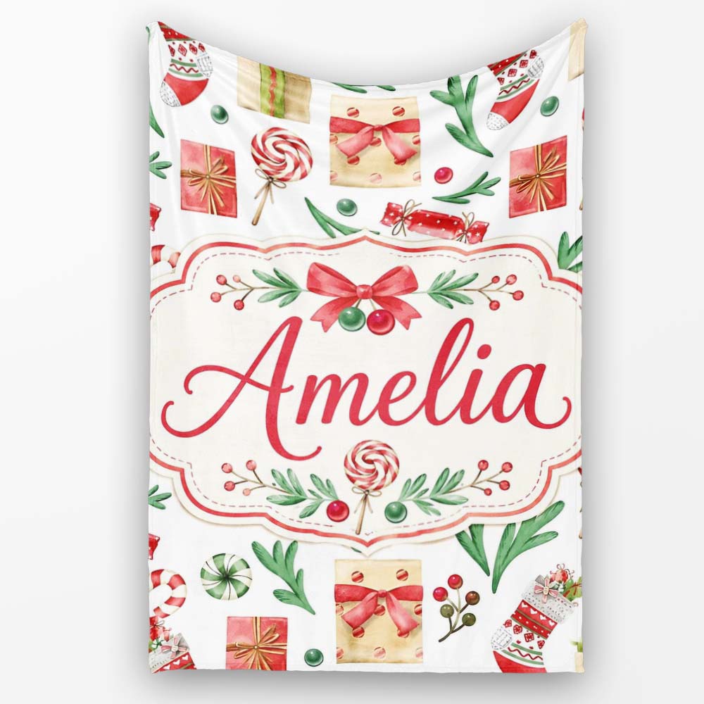 Christmas Gifts Candy Lollipop Stockings Seamless Pattern Lovely Personalised Custom Name Super Soft Fleece Blanket Bed Sofa Throw