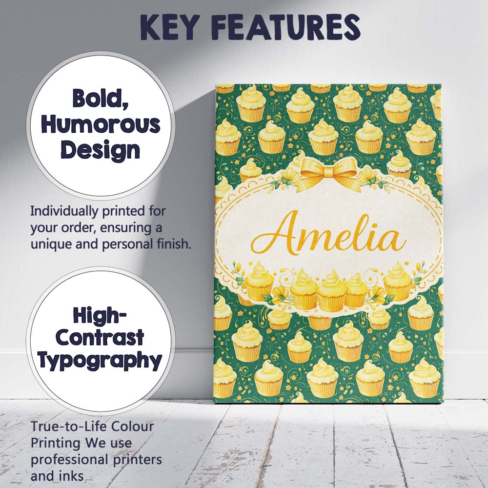 Personalised Name Cupcake Dessert Seamless Pattern Dark Green Sweet Custom Canvas Wall Art Print Decor Picture Ready to Hang