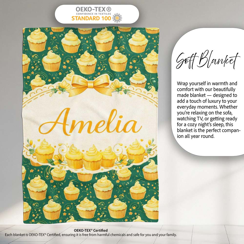 Cupcake Dessert Seamless Pattern Dark Green Sweet Food Illustration Personalised Custom Name Super Soft Fleece Blanket Bed Sofa Throw
