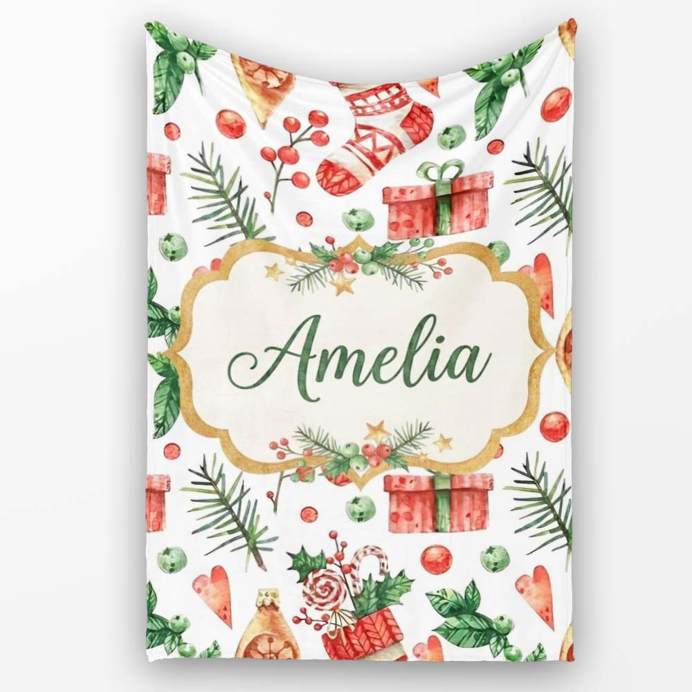 Watercolor Christmas Stocking Pine Branch Seamless Pattern Lovely Personalised Custom Name Super Soft Fleece Blanket Bed Sofa Throw