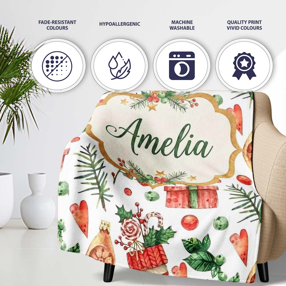 Watercolor Christmas Stocking Pine Branch Seamless Pattern Lovely Personalised Custom Name Super Soft Fleece Blanket Bed Sofa Throw