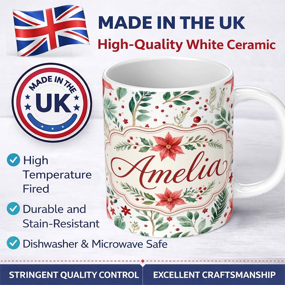 Personalized Custom Name Delicate Christmas Poinsettia Leaves Botanical Watercolor Seamless 11oz Ceramic Coffee Tea Mug White Large Handle