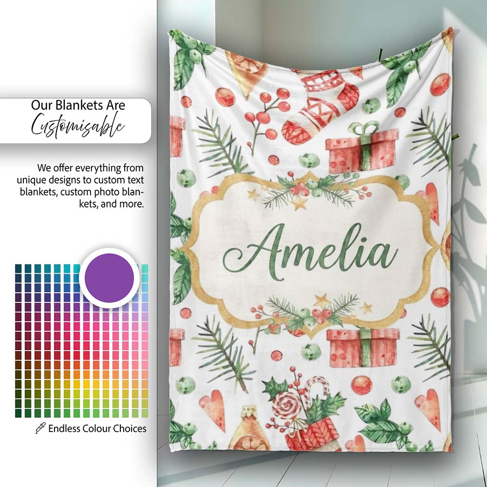 Watercolor Christmas Stocking Pine Branch Seamless Pattern Lovely Personalised Custom Name Super Soft Fleece Blanket Bed Sofa Throw