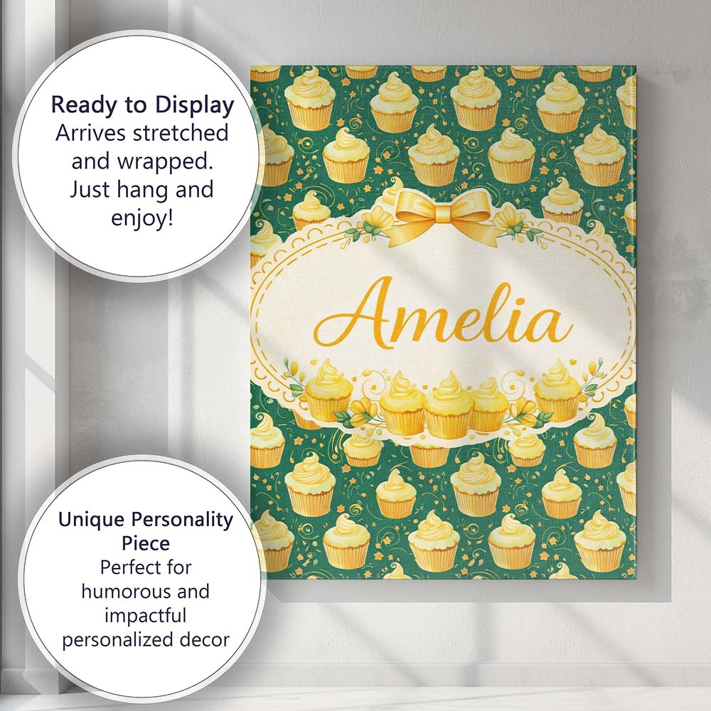 Personalised Name Cupcake Dessert Seamless Pattern Dark Green Sweet Custom Canvas Wall Art Print Decor Picture Ready to Hang