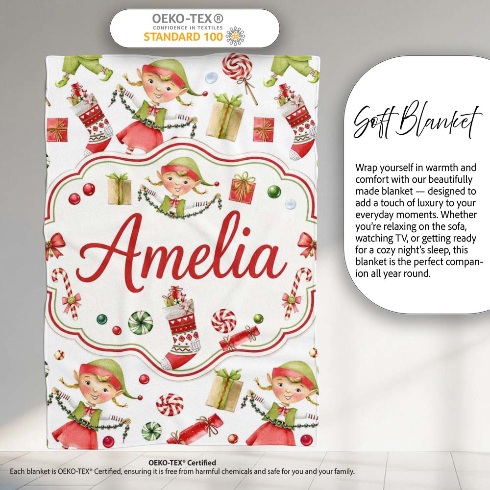 Cute Christmas Elves Candy Cane Gifts Seamless Pattern Lovely Personalised Custom Name Super Soft Fleece Blanket Bed Sofa Throw